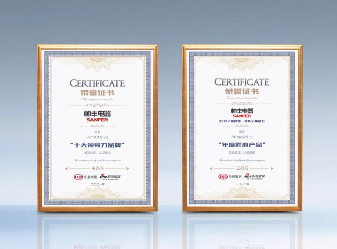 喜報！帥豐榮獲新浪家居2021集成灶行業(yè)“十大領(lǐng)導力品牌”和“年度匠心產(chǎn)品”雙獎殊榮