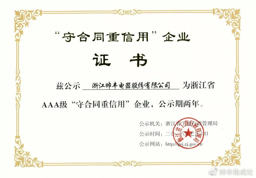 榮譽(yù)再加冕！帥豐電器榮獲浙江省AAA級“守合同重信用”企業(yè)