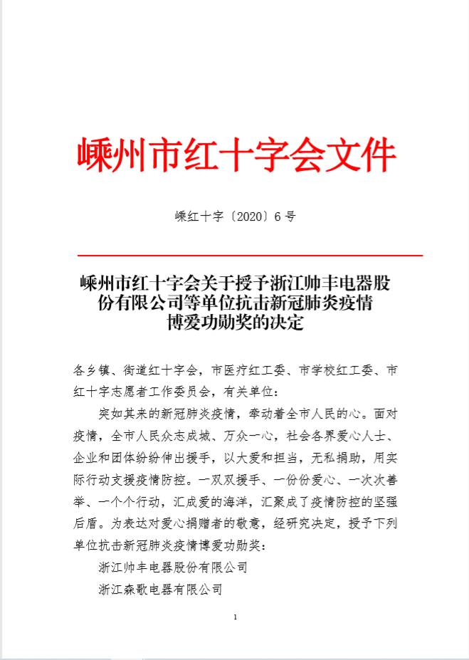 企業(yè)新聞 | 抗擊疫情貢獻(xiàn)突出，帥豐被授予博愛功勛獎(jiǎng)