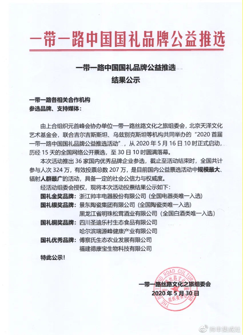 喜報(bào) | 行業(yè)唯一！帥豐集成灶獲一帶一路國禮金獎(jiǎng)品牌